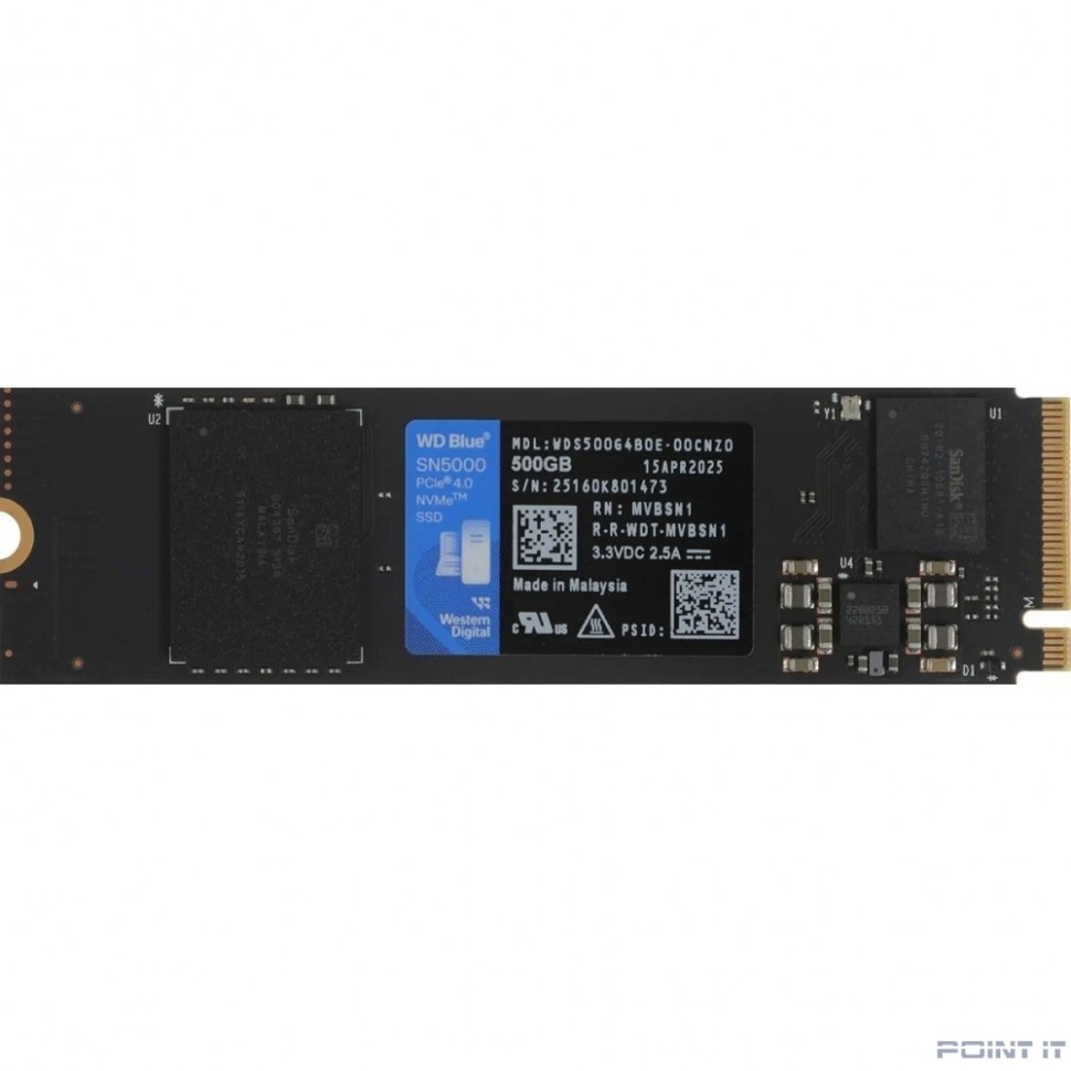 WD SSDl Blue SN5000 SSD M2.2280 PCIe 4.0 500Gb, 5000MBs/4000MBs, TBW 300, WDS500G4B0E, 1 year