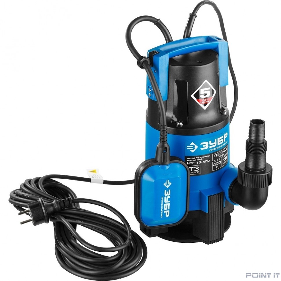ЗУБР Профессионал [НПГ-Т3-400] Насос Т3 погружной { дренаж. для грязной воды (d частиц до 35мм), 400Вт, пропуск способн 135л/мин, напор 5м, провод 10м }
