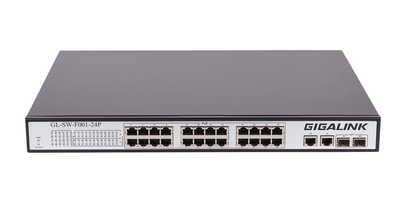 Коммутатор GIGALINK, неуправляемый, 24 PoE (802.3af/at) портов 100Мб/с, 2 ComboSFP 1000Мб/с, 250Вт