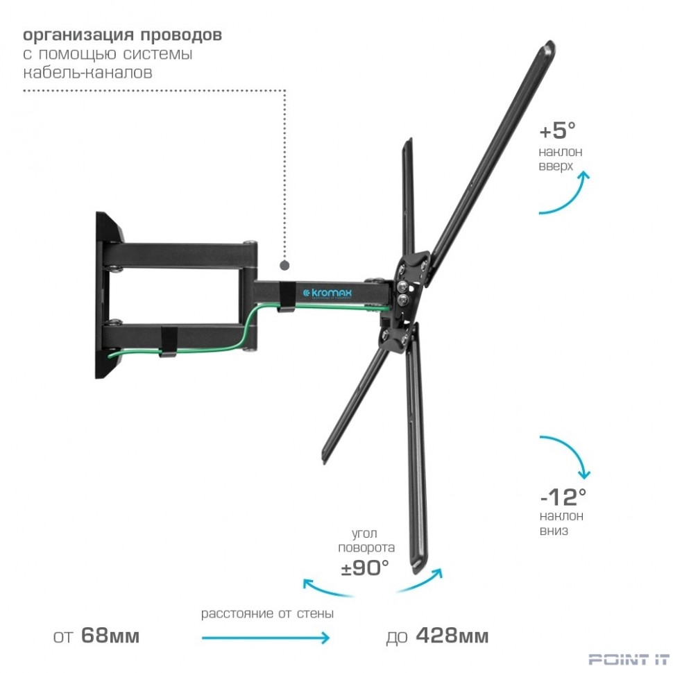 Kromax CORBEL-12 grey titan {32"-75"; Максимальная нагрузка: 45 кг; VESA: 200x200, 200х300, 200х400, 300х200, 300х300, 300х400, 400х200, 400х300, 400х400, 600х400 мм; Наклон: +5°-12°Поворот: ±90°}