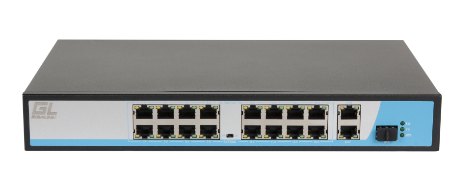 Коммутатор GIGALINK, неуправляемый, 16 PoE (802.3af) порта 10/100Мбит/с до 250 метров cat.6, 2 * 10/100/1000BaseT + 1 SFP 1000Мбит/с, 300Вт