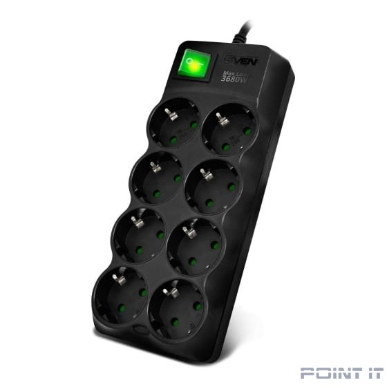 SVEN Фильтр SF-08E-16 1,8 м (8 розеток с защитными шторками,16А) черный, цветная коробка [SV-021603]