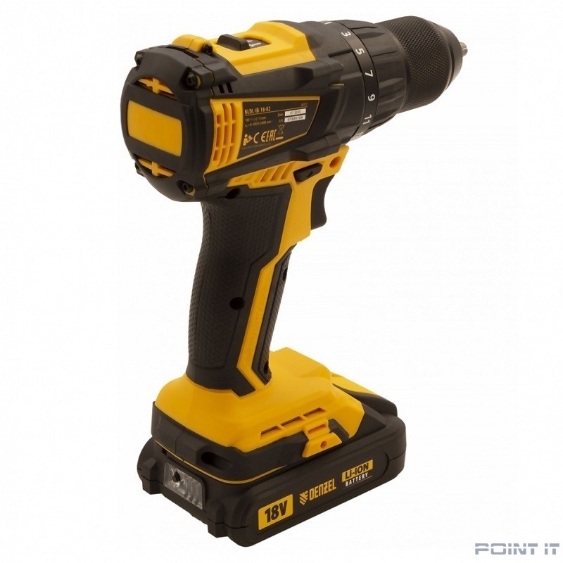 Denzel Дрель-шуруповерт аккумуляторная, бесщет. BLDL-IB-18-02, Li-Ion, 18 В, 2 акк. [26121]