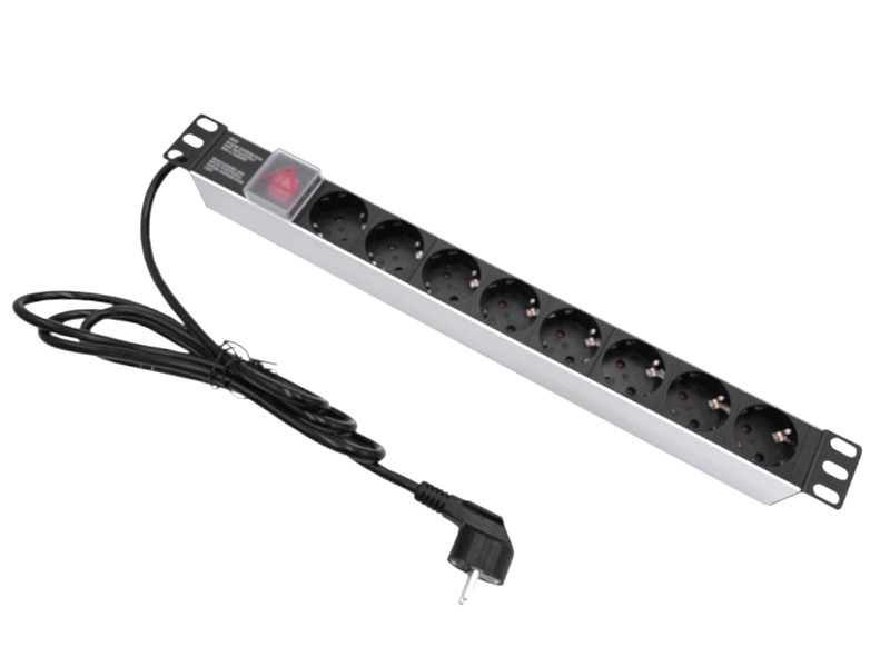 Блок розеток 19, 16А, 8 розеток, шнур 2м, выключатель, корпус алюминий серебряный, лицевая панель - чёрный