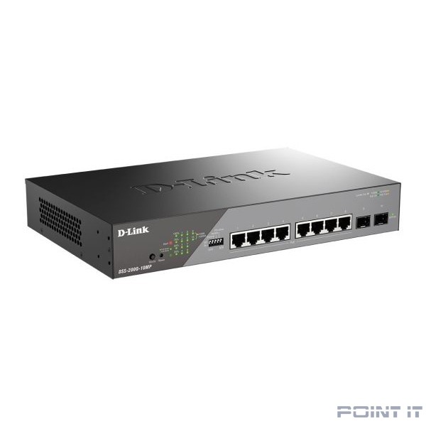 D-Link DSS-200G-10MP/A1A Настраиваемый L2 коммутатор с 8 портами 10/100/1000Base-T и 2 портами 1000Base-X SFP (8 портов PoE 802.3af/at, PoE-бюджет 130 Вт, дальность до 250 м)