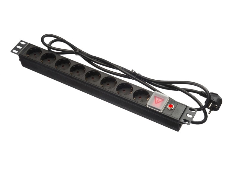 Блок розеток 19, 16А, 8 розеток, шнур 1.8м, выключатель, с защитой, черный