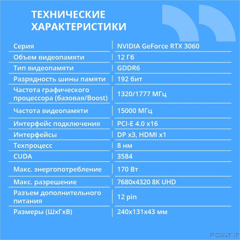 Видеокарта CBR RTX3060 Terminator 12Gb GDDR6, 192bit, 1320-1777/15000Mhz, 3*DP+1*HDMI2.1, 170W, Ret [VGA-MSRTX3060-12G-RTL]