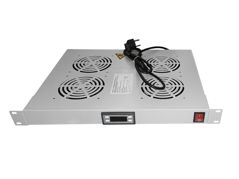 Полка вентиляторная 19, 1U/4 с термостатом, с кабелем, серая Netko