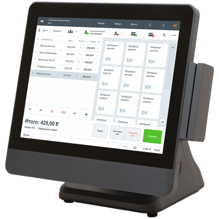 Сенсорный терминал АТОЛ ViVA Smart [E715, 15, P-CAP, Intel Celeron J1900 2.0/2.4 GHz, SSD, 2 GB DDR3], Ридер магнитных карт, без ОС