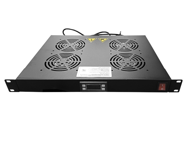 Полка вентиляторная 19, 1U/4 с термостатом, с кабелем, черная Netko