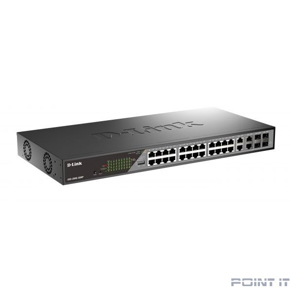 D-Link DSS-200G-28MP/A1A Настраиваемый L2 коммутатор с 24 портами 10/100/1000Base-T и 4 комбо-портами 100/1000Base-T/SFP (24 порта PoE 802.3af/at, PoE-бюджет 370 Вт, дальность до 250 м)