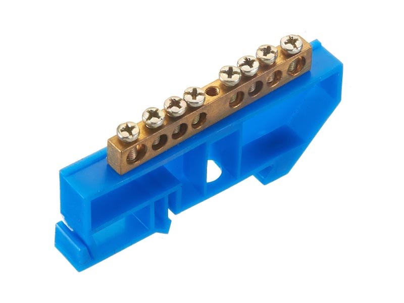 Шина N ноль на изоляторе DIN, синий, 6х9мм, 8 групп, латунь