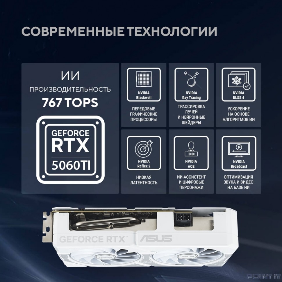 Видеокарта ASUS GeForce RTX5060TI 8Gb DDR7 128 bit 3*DP/HDMI 2 FAN (DUAL-RTX5060TI-O8G-WHITE) RTL