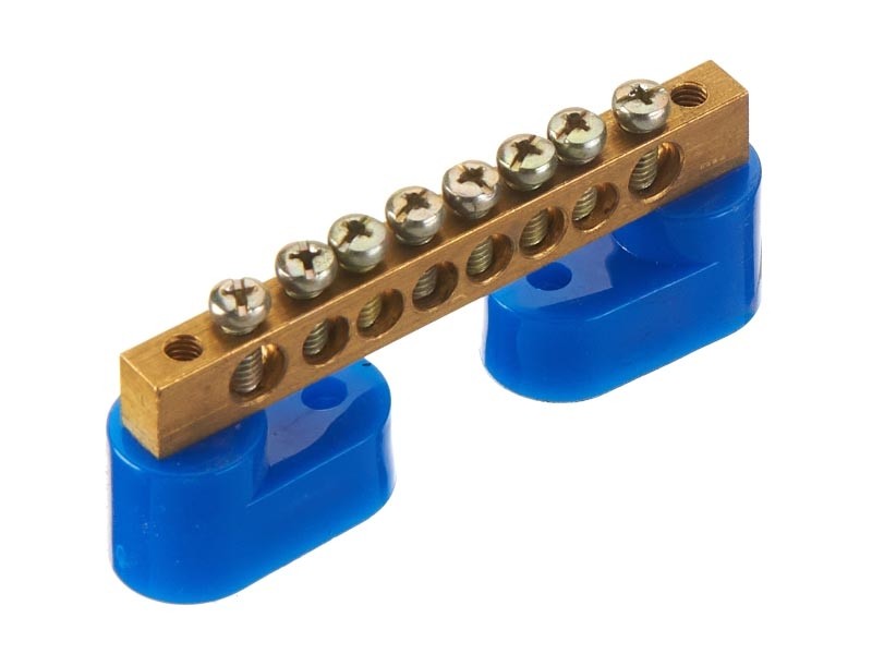 Шина N ноль на 2-х изоляторах, тип Стойка, синий, 6х9мм, 8 групп, латунь EOL