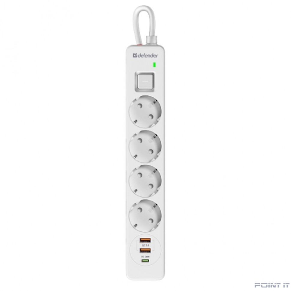 Defender Удлинитель с сетевым фильтром DFS 145 5 м,белый,4розетки,USB+TypeC [99435]