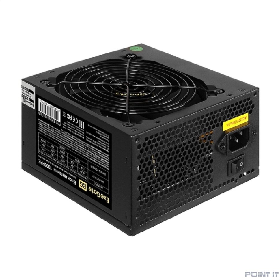 Exegate EX292161RUS-PC Блок питания 1000W ExeGate 1000PPE (ATX, APFC, PC, КПД 80% (80 PLUS), 12cm fan, 24pin, 2x(4+4)pin, 6xPCI-E, 6xSATA, 4xIDE, black, кабель 220V в комплекте)