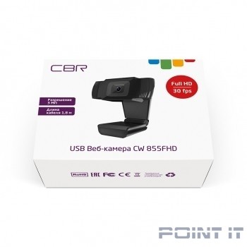 CBR CW 855FHD Black, Веб-камера с матрицей 3 МП, разрешение видео 1920х1080, USB 2.0, встроенный микрофон с шумоподавлением, фикс.фокус, крепление на мониторе, длина кабеля 1,8 м, цвет чёрный